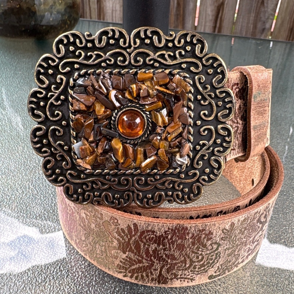 Womens Brown Leather Floral Embossed Belt Tigers Eye Stone Buckle Western Small